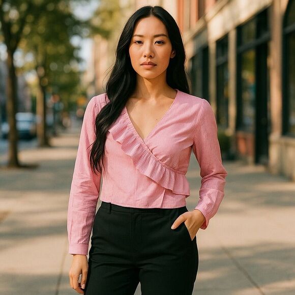 Freshman 1996 Women's L Pink & White Striped Ruffle Blouse Long Sleeve - Picture 6 of 6